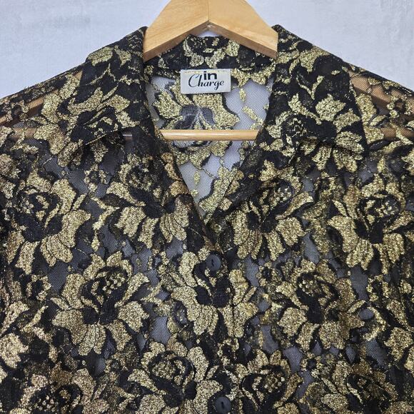In Charge Womens Vtg 90s Y2K Whimsigoth Sparkle Metallic Sheer Lace Button Top M - Picture 2 of 10